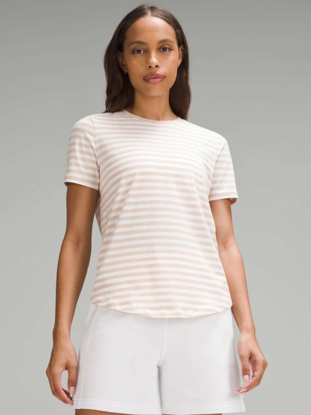 Lululemon Love Curved-Hem Crewneck Tee Tan White Stripe Size 6